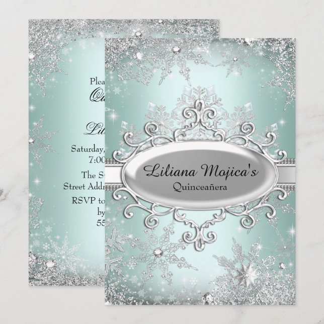 Invitation Flocon de neige en cristal vert menthe Princesse Q (Devant / Derrière)