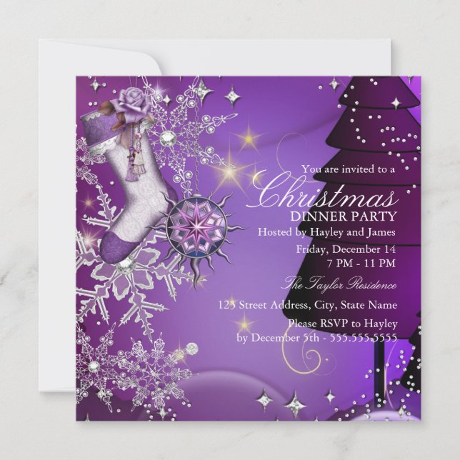 Invitation Flocon de neige en cristal violet Noël dîner de fê (Devant)
