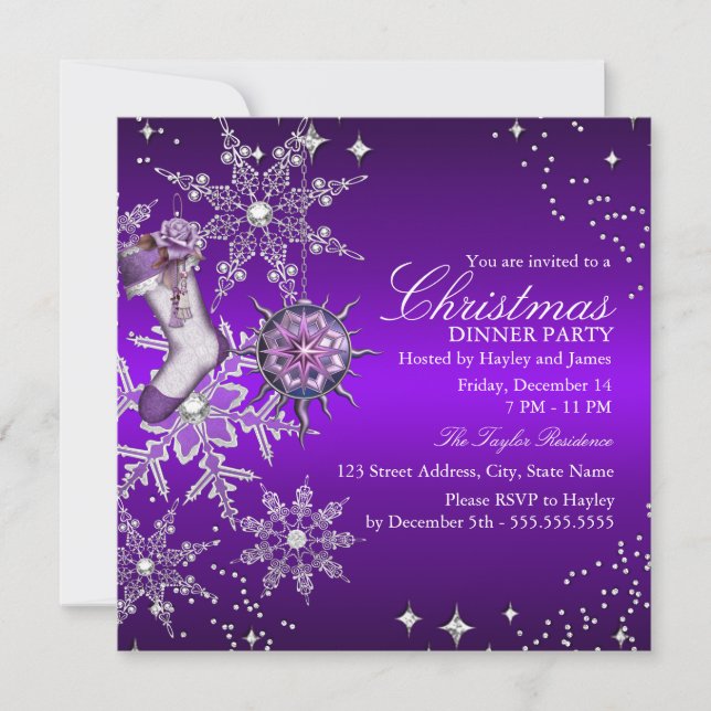 Invitation Flocon de neige en cristal violet Noël dîner de fê (Devant)