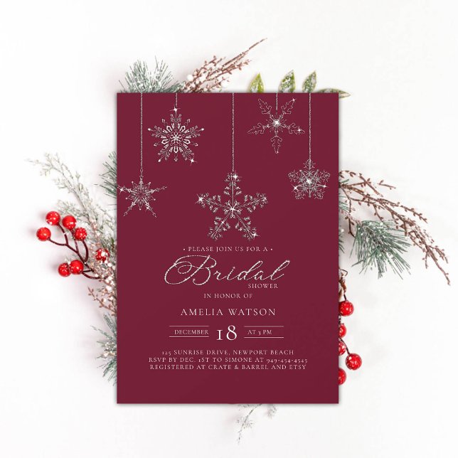 Invitation Flocon de neige en pierre Fête des mariées d'hiver (rhinestones bridal shower invitation glitter snowflakes burgundy red modern festive classy bling)