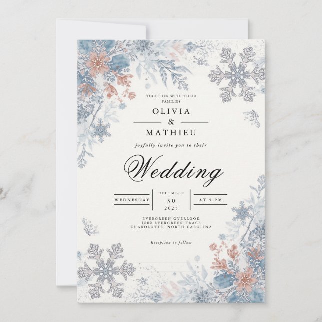 Invitation Flocon de neige givré Hiver Romance Mariage (Devant)