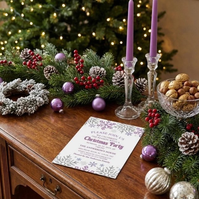 Invitation Flocon de neige Noël Violet Argent (Créateur téléchargé)