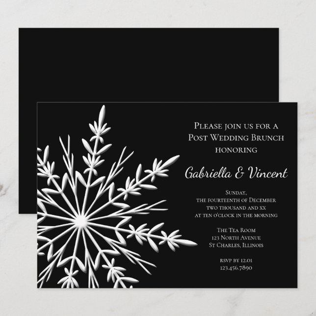 Invitation Flocon de neige noir et blanc Brunch de mariage d' (Devant / Derrière)