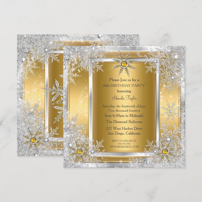 Invitation Flocon de neige Or Argent Fête hivernale merveille (Devant / Derrière)