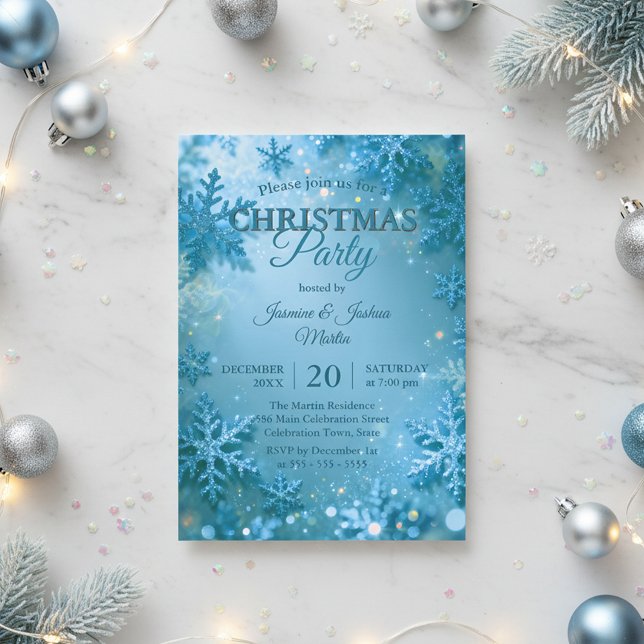 Invitation Flocon de neige pailleté bleu Fête de Noël d'hiver (Créateur téléchargé)
