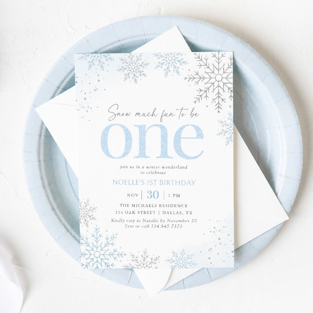 Invitation Flocon de neige paillettes bleues 1er anniversaire (Créateur téléchargé)