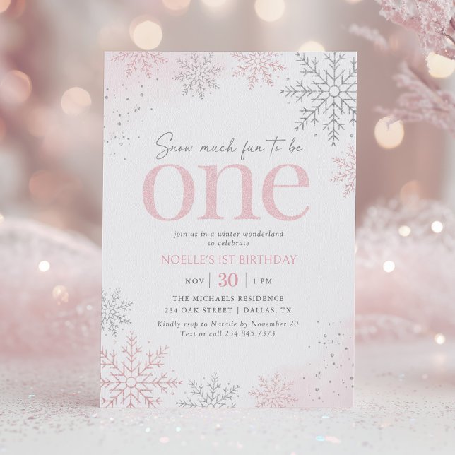 Invitation Flocon de neige paillettes roses 1er anniversaire (Créateur téléchargé)