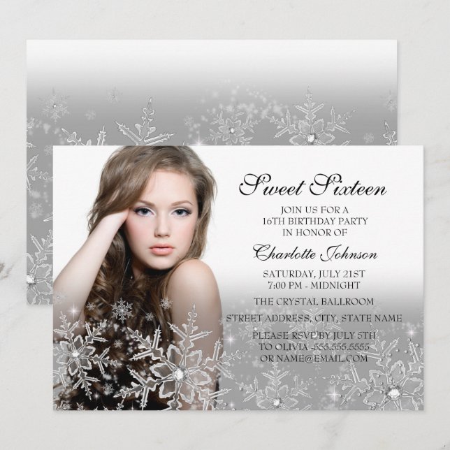 Invitation Flocon de Neige Photo Sweet 16 Pailleté Argent (Devant / Derrière)