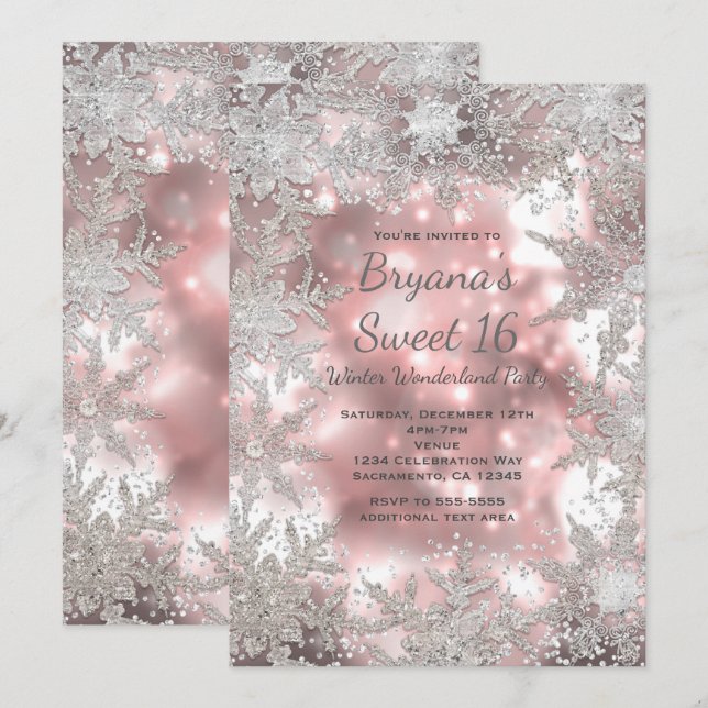 Invitation Flocon de neige Pink Silver Winter Wond (Devant / Derrière)