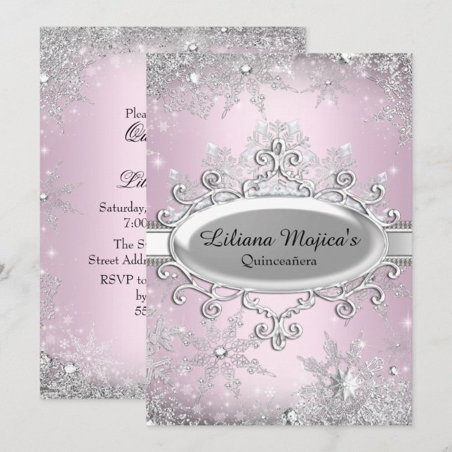 Invitation Flocon de neige rose clair Princesse Quinceanera (Devant / Derrière)
