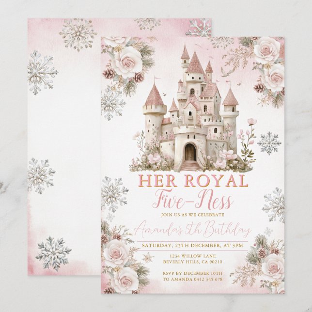 Invitation Flocon de neige rose d'hiver Son cinquième anniver (Devant / Derrière)