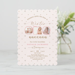 Invitation Flocon de neige rose doux Hiver Onederland 1er ann