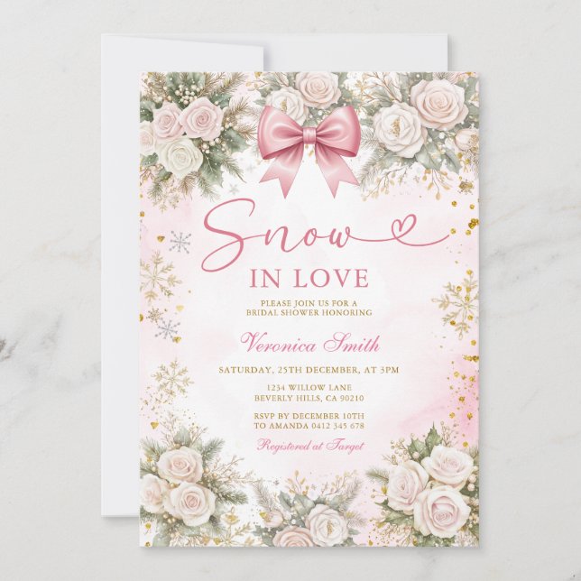 Invitation Flocon de neige rose en amour Mariage d'hiver (Devant)