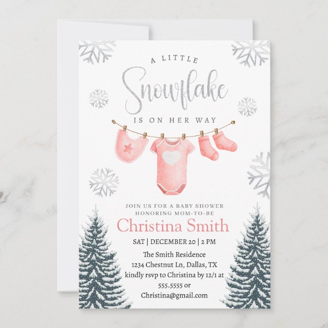 Invitation Flocon de neige rose hiver Wonderland Baby Girl Do (Devant)