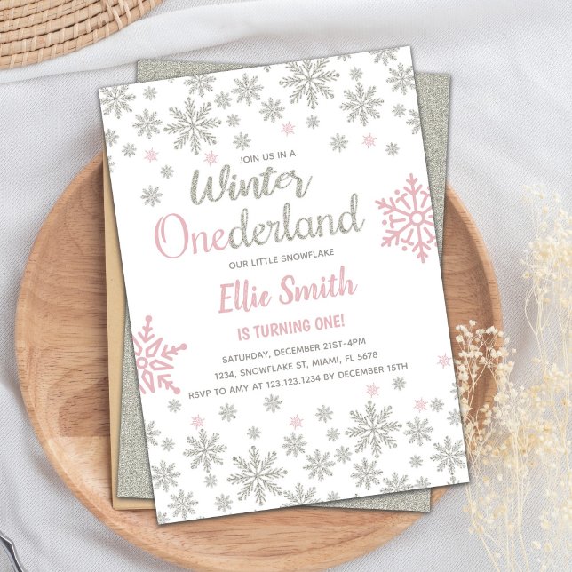 Invitation Flocon de neige rose personnalisable Anniversaire  (Pink Silver SnowFlake Winter Birthday Onederland Invitation)