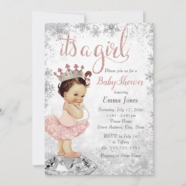 Invitation Flocon de neige Rose Princesse Argent Fille Baby S (Devant)