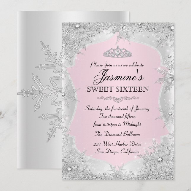 Invitation Flocon de neige rose Silver hiver Sweet 16 Invitat (Devant / Derrière)