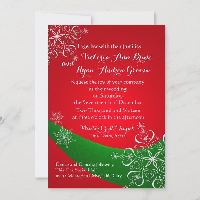 Invitation Flocon de neige rouge avec mariage d'hiver vert (Devant)