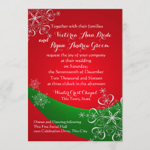 Invitation Flocon de neige rouge avec mariage d'hiver vert