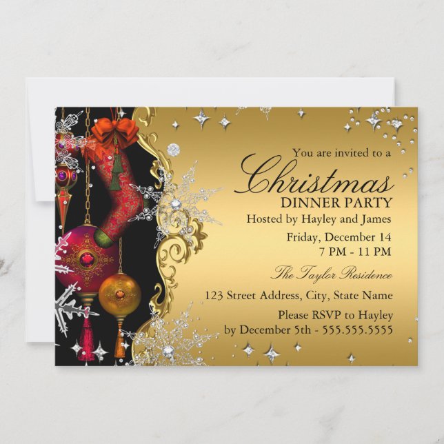 Invitation Flocon de neige rouge or Noël dîner de fête 4a (Devant)