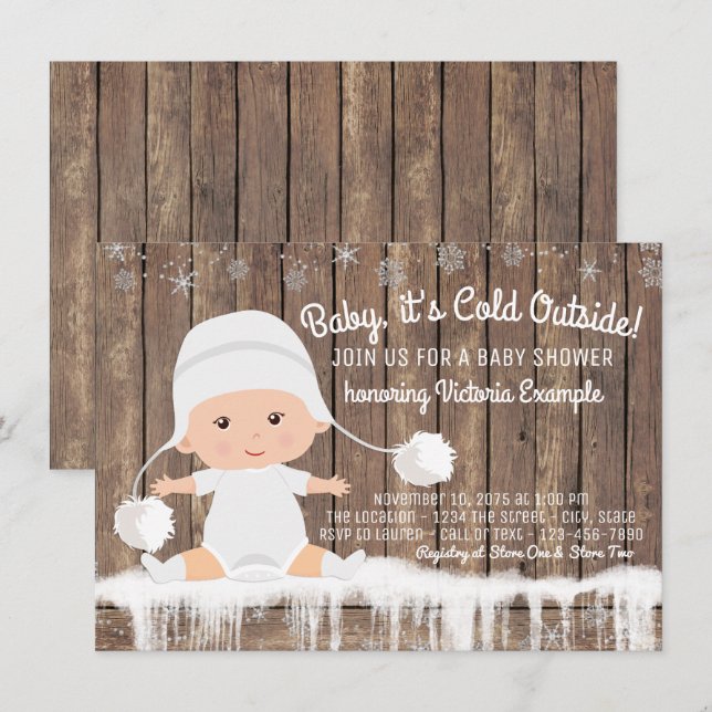 Invitation Flocon de neige rustique Bébé fait froid dehors Ba (Devant / Derrière)