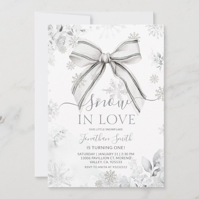 Invitation Flocon de neige Silver Bow Snow In Love 1er annive (Devant)