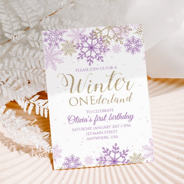 Invitation flocon de neige violet et or Winter One (Créateur téléchargé)