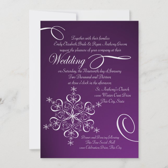 Invitation Flocon de neige violet Mariage hivernal (Devant)