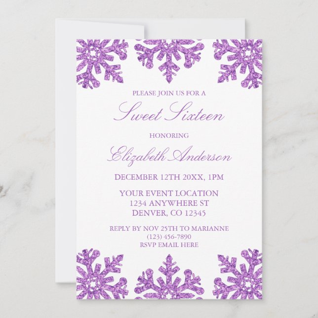 Invitation Flocon de neige violet Sweet hiver 16 (Devant)