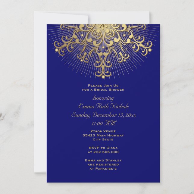 Invitation Flocon d'or bleu mariage d'hiver nuptiale douche (Devant)