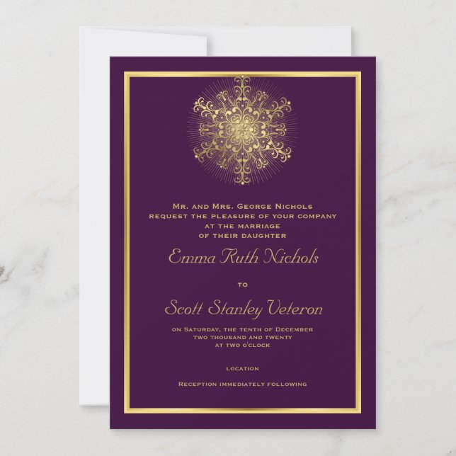 Invitation Flocon d'or sur violet élégant mariage d'hiver (Devant)