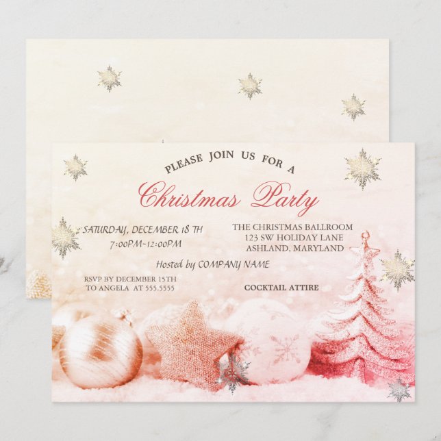Invitation Flocons Chic, Société de Boules pour Sapins de Noë (Devant / Derrière)