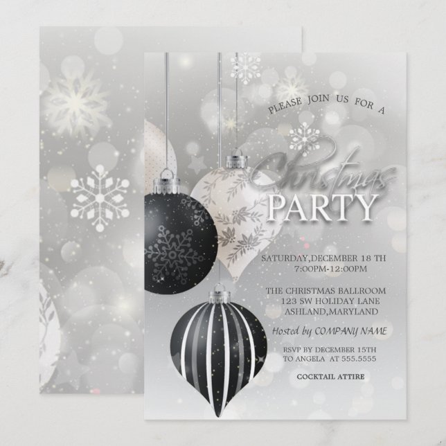 Invitation Flocons d'Argent, Boules Société de Noël (Devant / Derrière)