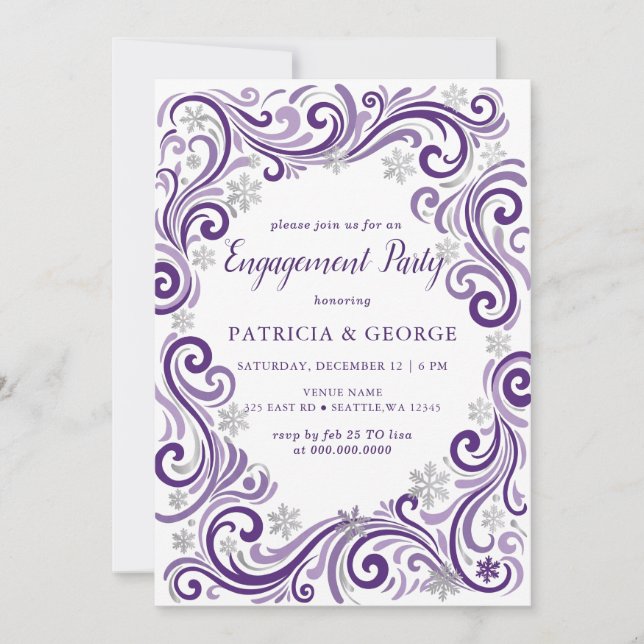 Invitation Flocons d'Argent Violet Mariage d'Hiver (Devant)