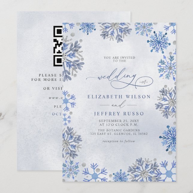 Invitation Flocons de Neige Argent Bleu Mariage Code QR Hiver (Devant / Derrière)