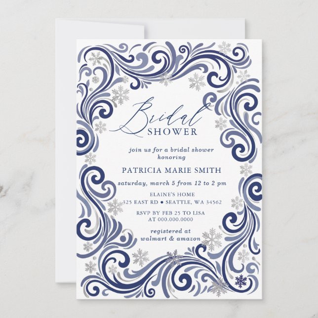 Invitation Flocons de Neige Argent Bleu Mariage Shower de Mar (Devant)