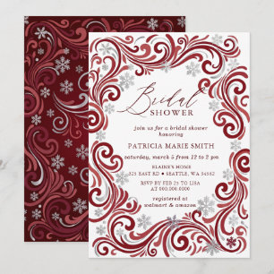 Invitation Flocons de Neige Argent Rouge Mariage d'Hiver
