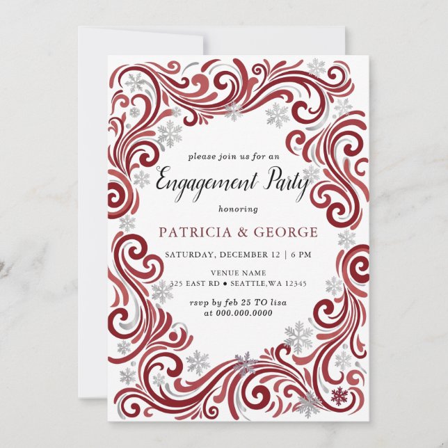 Invitation Flocons de Neige Argent Rouge Mariage Hiver (Devant)