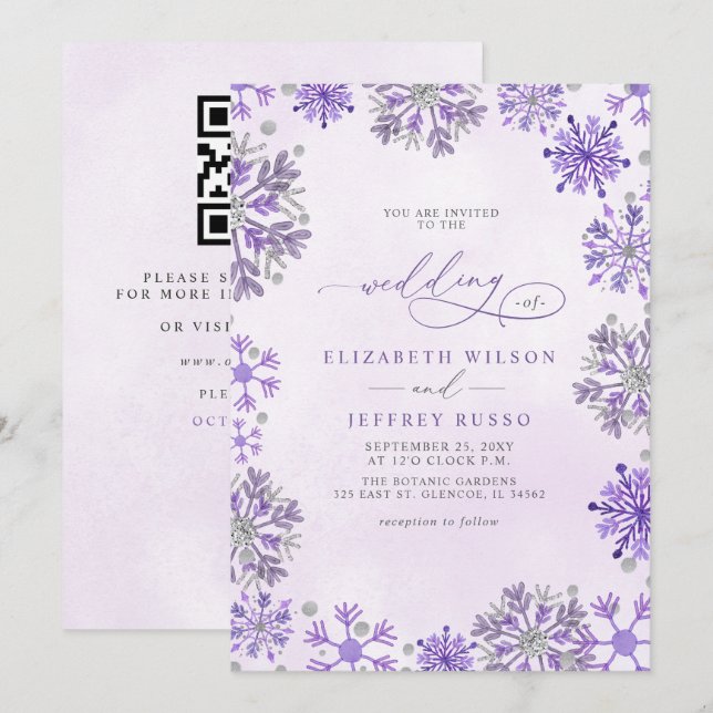 Invitation Flocons de Neige Argent Violet Mariage Code QR Hiv (Devant / Derrière)