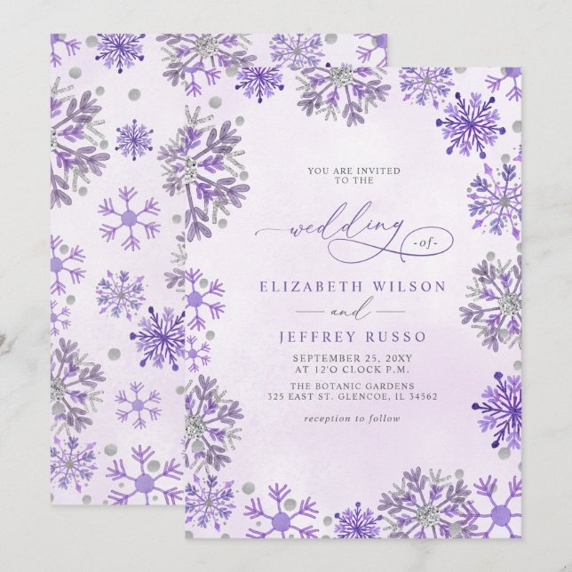 Invitation Flocons de Neige Argent Violet Noël Hiver Mariage (Devant / Derrière)