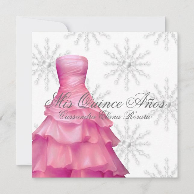 Invitation Flocons de neige blancs roses Quinceanera (Devant)