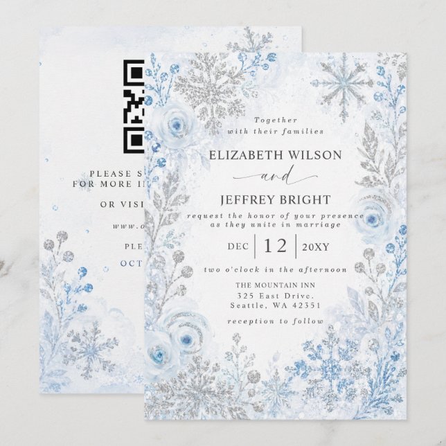 Invitation Flocons de neige bleu argent Mariage Code QR Hiver (Devant / Derrière)