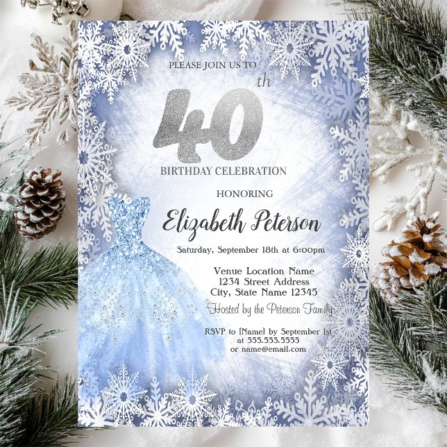 Invitation Flocons de Neige Bleu de Gala 40e Anniversaire (Créateur téléchargé)