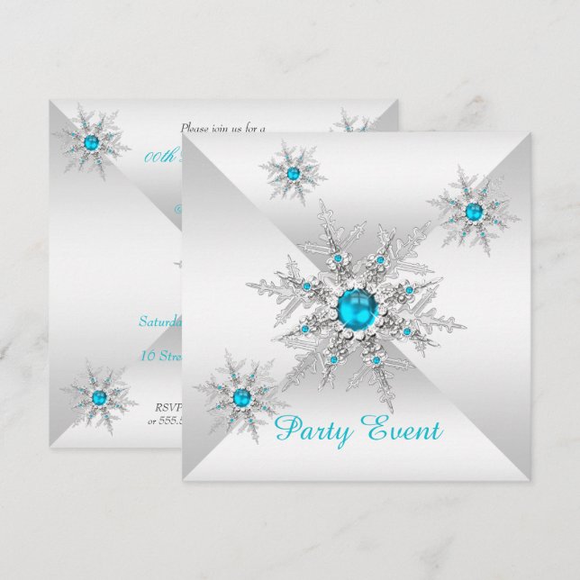 Invitation Flocons de neige bleu sarcelle Fête hivernale ench (Devant / Derrière)