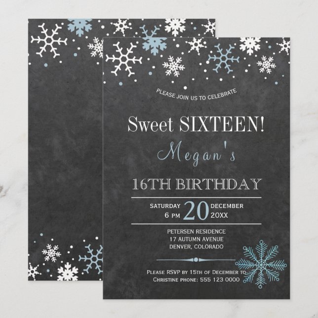Invitation Flocons de neige bleus blancs chic seize ans doux (Devant / Derrière)