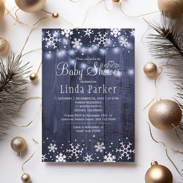 Invitation Flocons de neige bleus blancs shower bébé rustique (Créateur téléchargé)