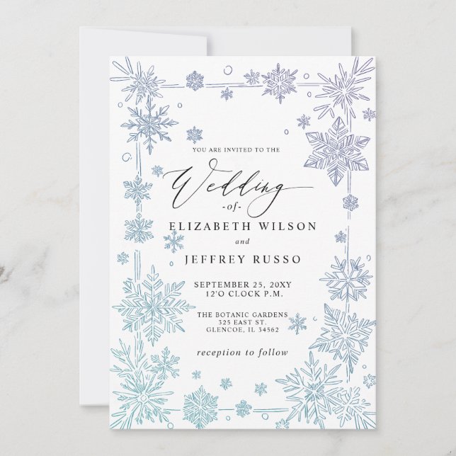 Invitation Flocons de neige bleus élégants Mariage d'hiver (Devant)
