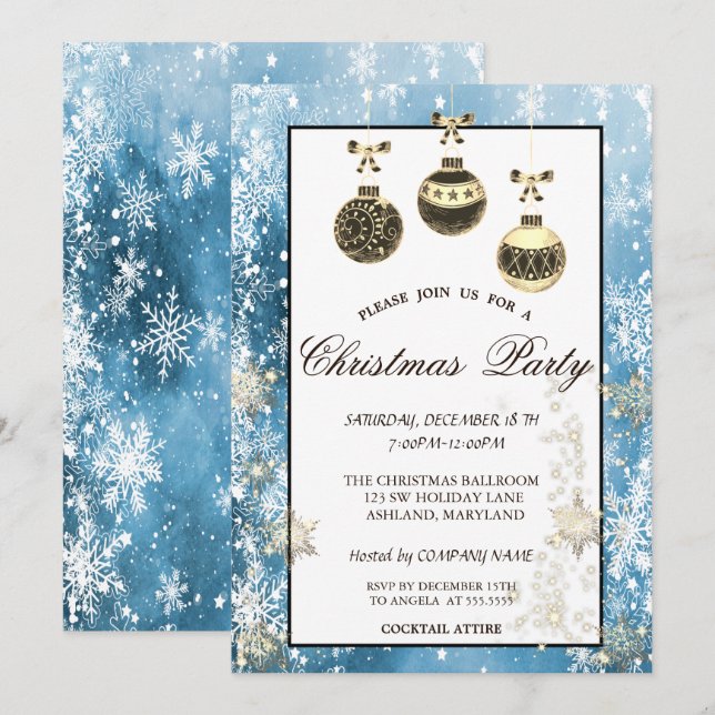 Invitation Flocons de neige, Boules de Noël Fête de Noël d'en (Devant / Derrière)