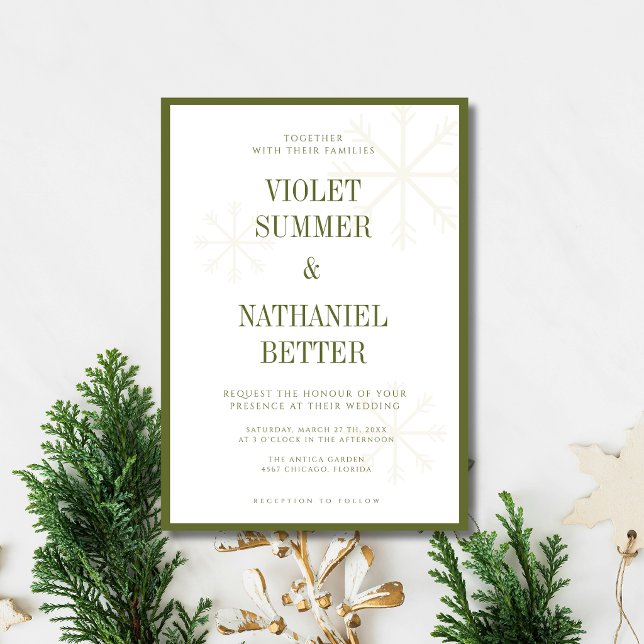 Invitation Flocons de neige de mariage d'hiver vert olive à l (Créateur téléchargé)