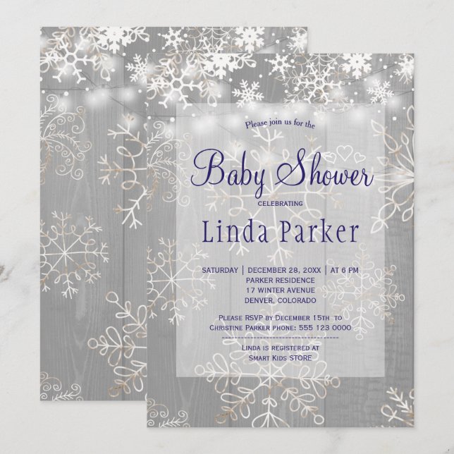 Invitation Flocons de neige de marine blanche shower rustique (Devant / Derrière)